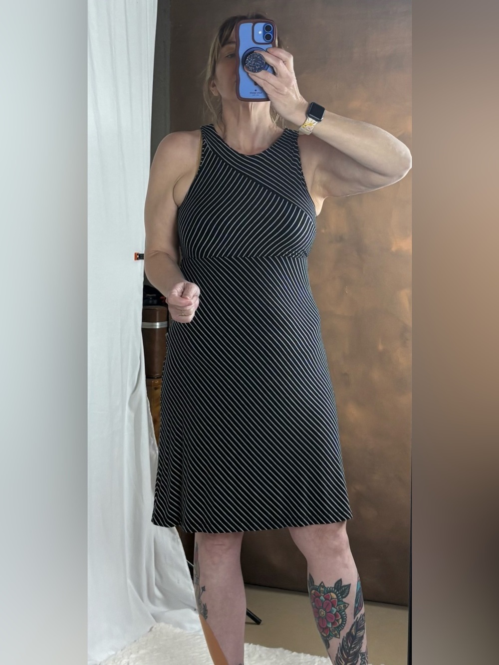 Athleta Black & White Striped Sleeveless Midi Dress